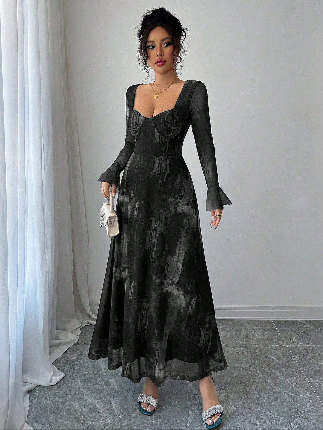 green emerald velvet dress Shop Black Square Neck Fit And Flare Maxi Dress - for Women | OUTZIDR main image 0