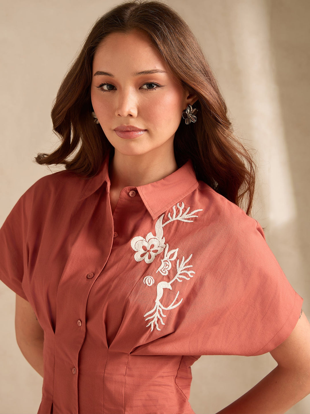 Rust Dolman Fit Printed Shirt Dress With Belt Detail