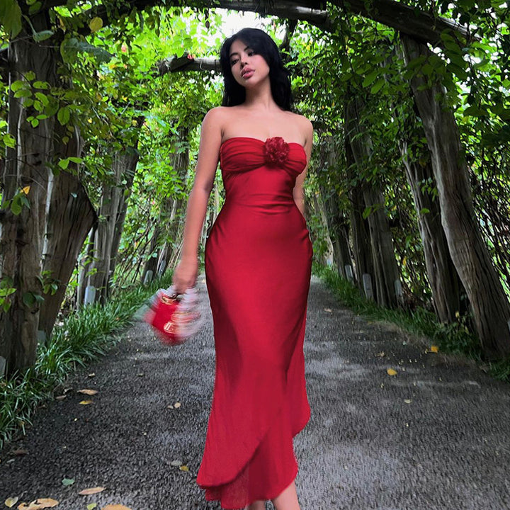 Red Tube Dress With A Rosette Detail