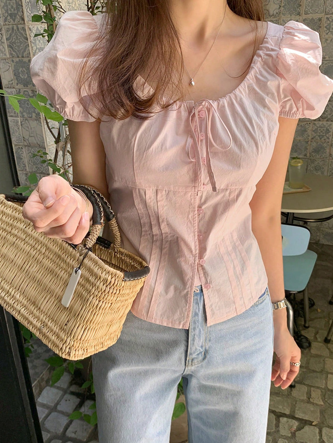 Pink Puff Sleeve Front Tie Up Top