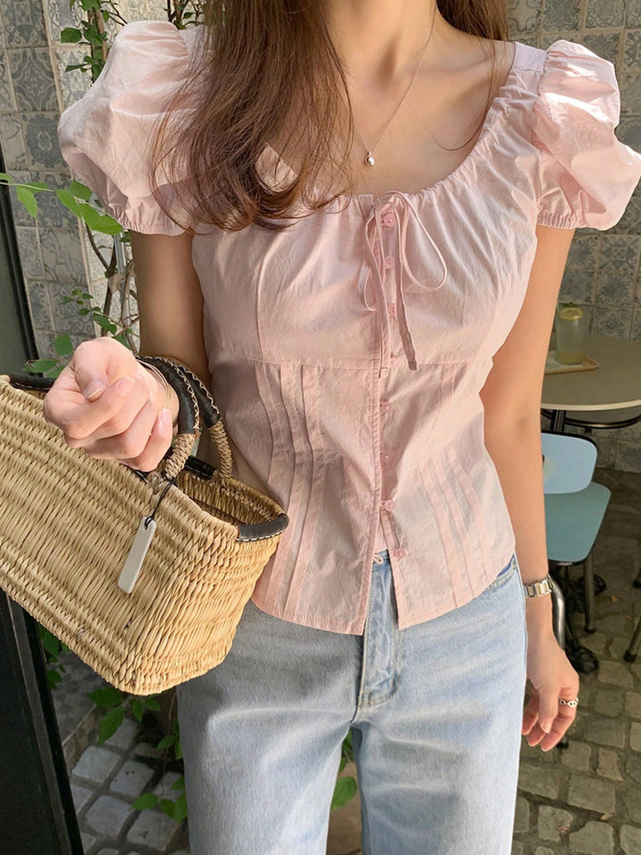 Pink Puff Sleeve Front Tie Up Top
