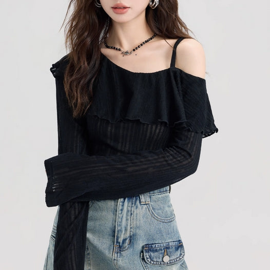 Black Cold Shoulder Frilled Top