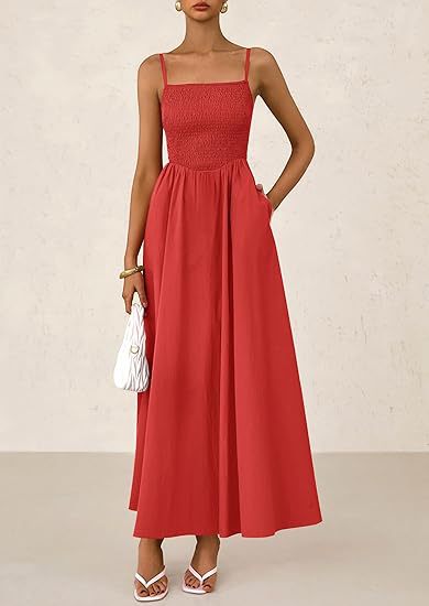 Red Strappy Square Neck Cinched Waist Dress With Pockets