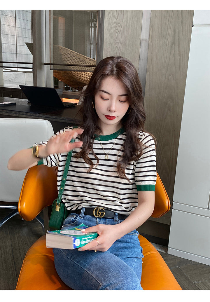 Dark Green Contrast Hem Striped Top