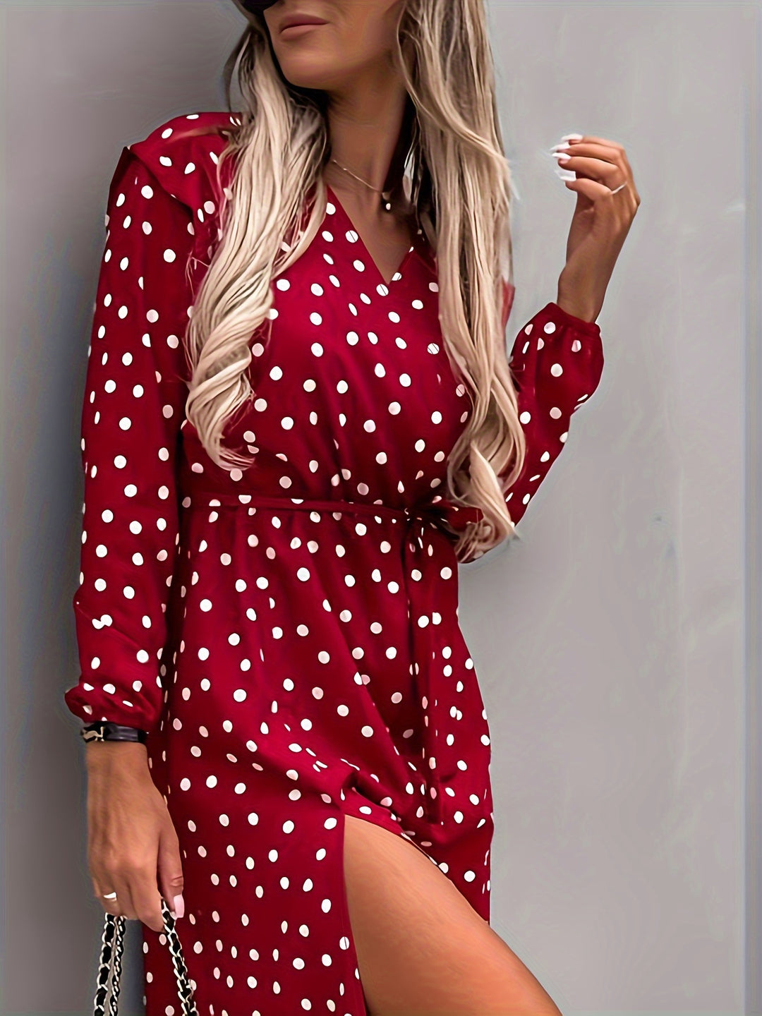 Red Printed Wrap Dress With Slit Detail