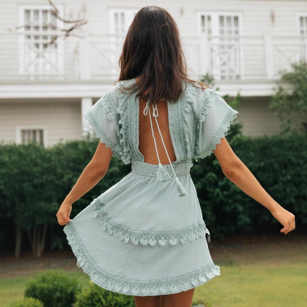 Green Plunge Neck Bat Sleeves Dress
