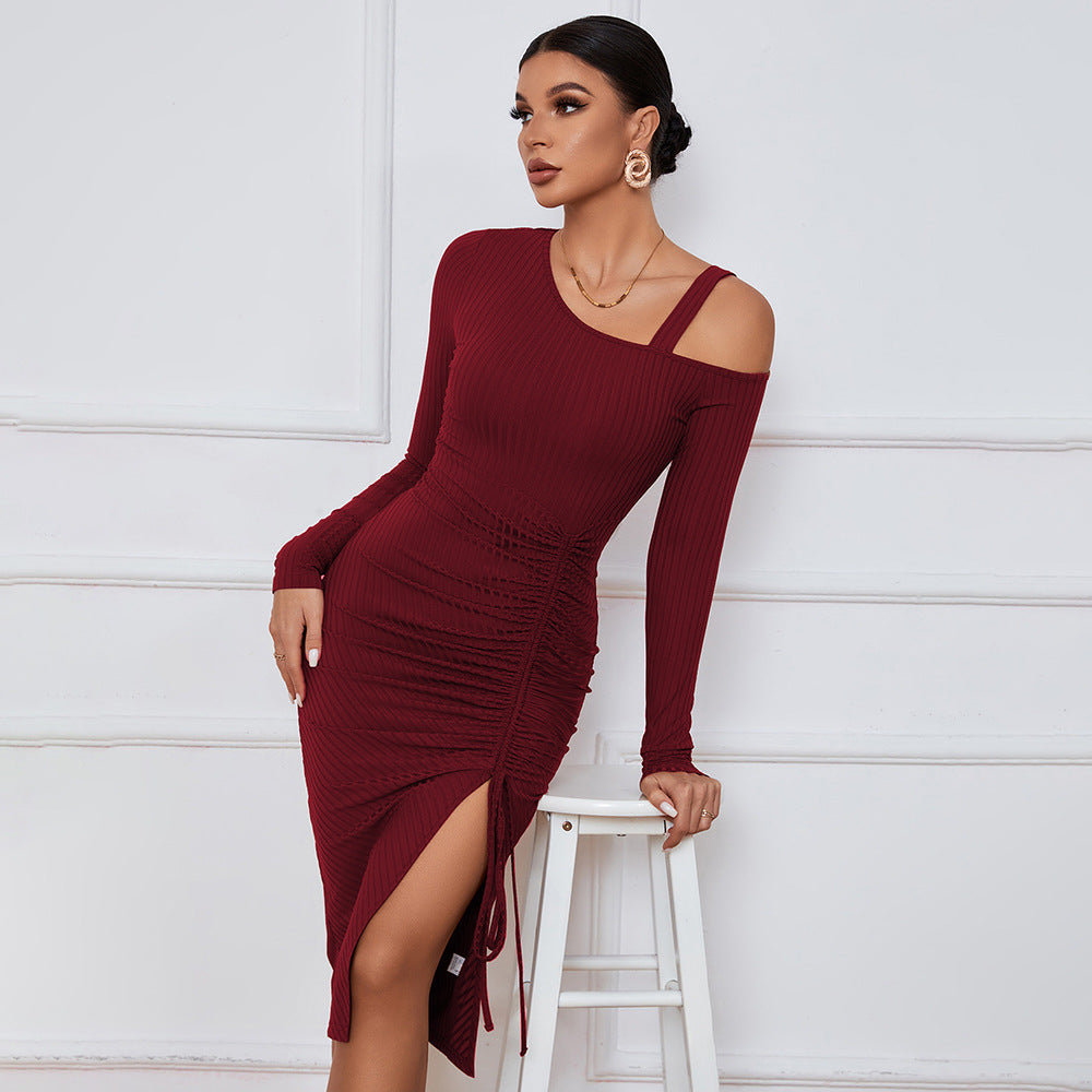 Wine Full Sleeve Cold Shoulder Front Ruched Dress