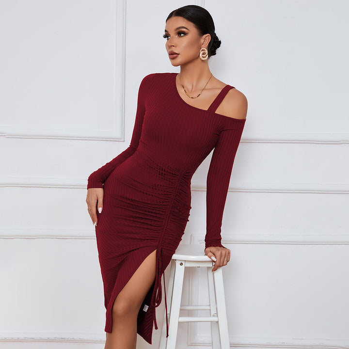 Wine Full Sleeve Cold Shoulder Front Ruched Dress