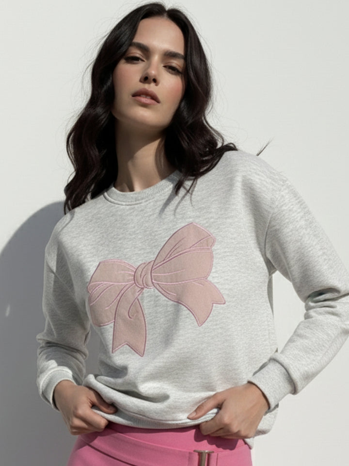 Grey Bold Bow Embroidery Sweatshirt
