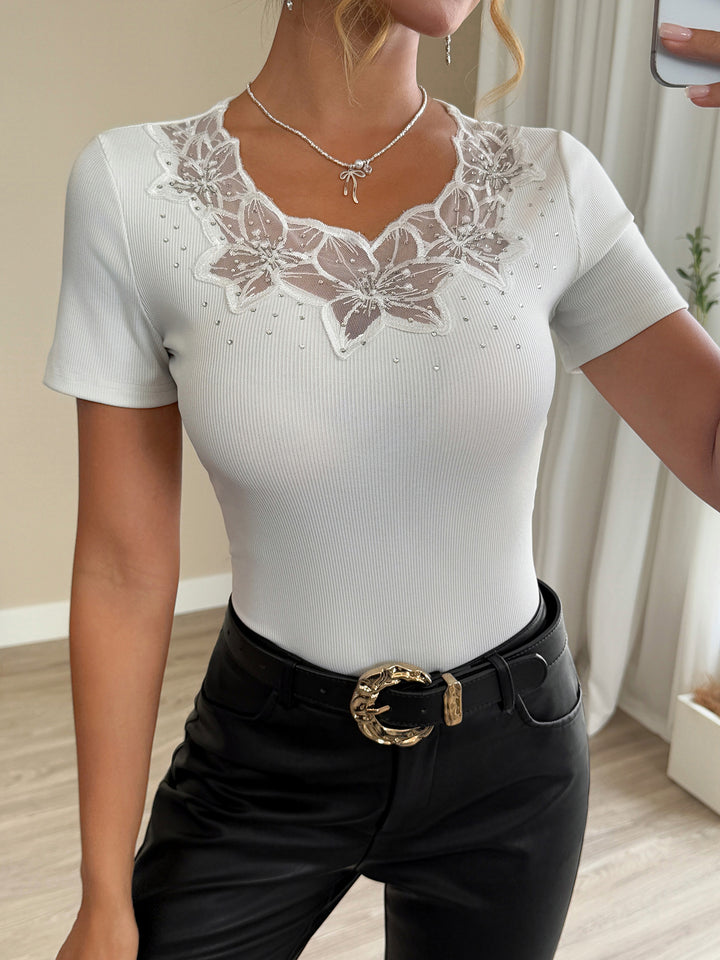 White Short Sleeve Neck Detail Top