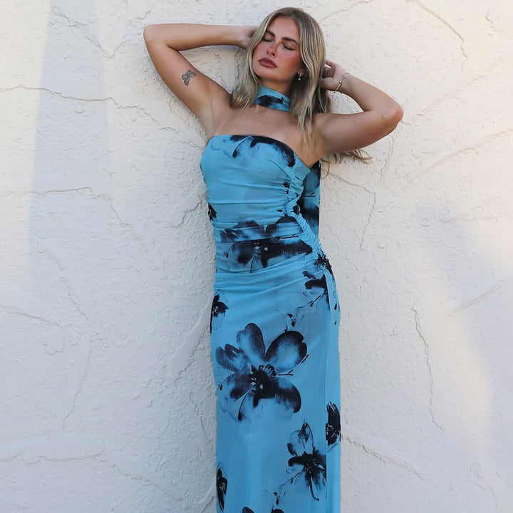 Blue Printed Strapless Bodycon Dress