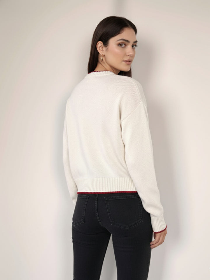 White Contrast Stitch Hem And Neck With Graphic Sweater