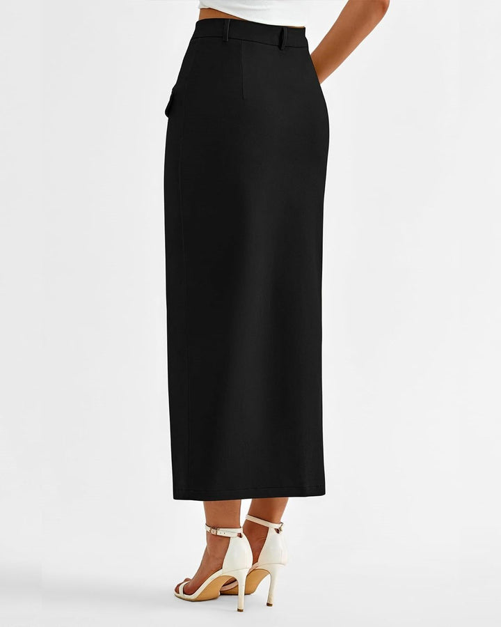 Black Front Pocket With Pocket Midi Skirt