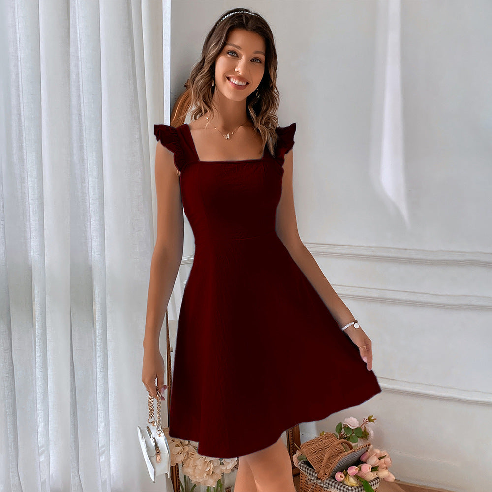 Wine Ruffle Sleeve Dress