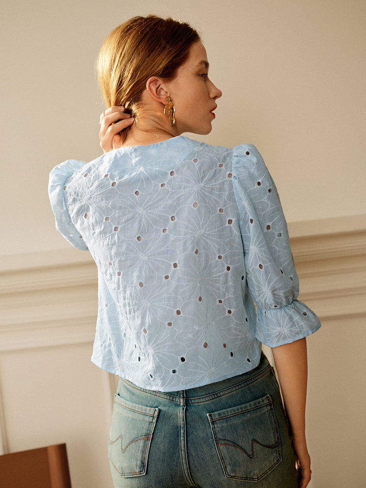 Blue Puff Sleeved Schiffli Top