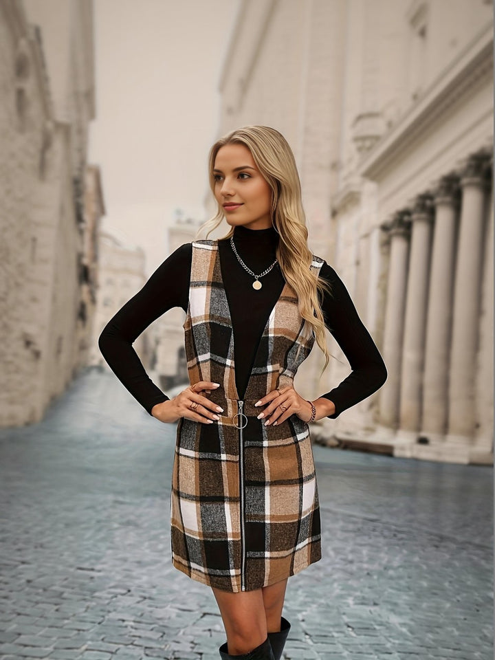 Flannel Pinafore Dess With Front Zip Detailing