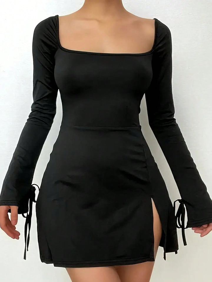 Black Full Sleeved Square Neck  Bodycon Dress