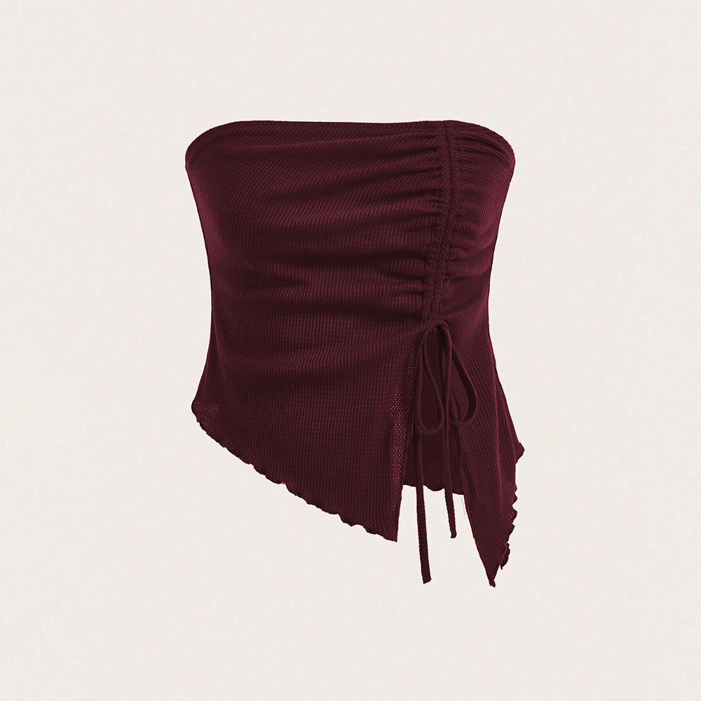 Wine Strapless Ruched Top