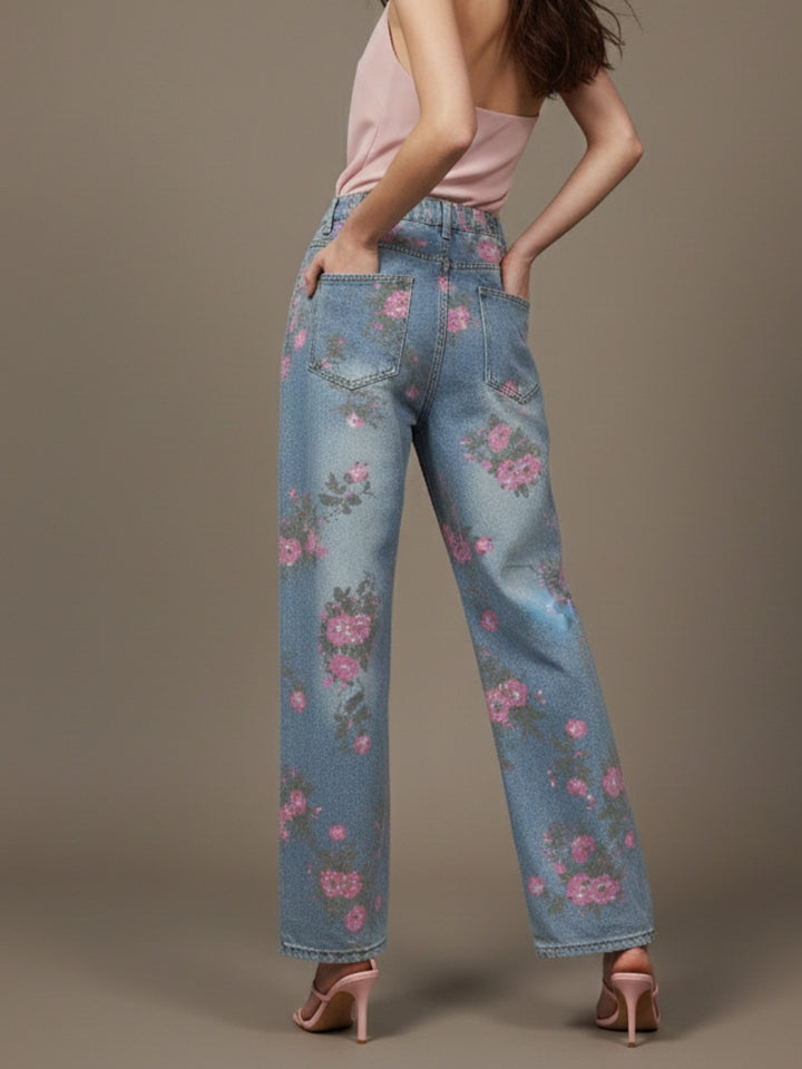Light Blue High Waist Printed Jeans