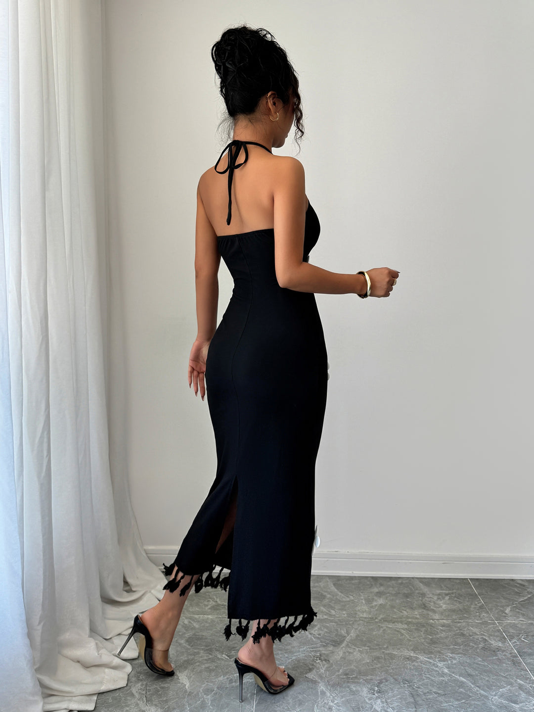 Black Halter Neck Tassel Attached Dress