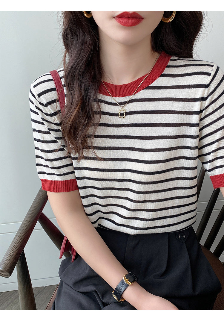 Black Contrast Hem Striped Top