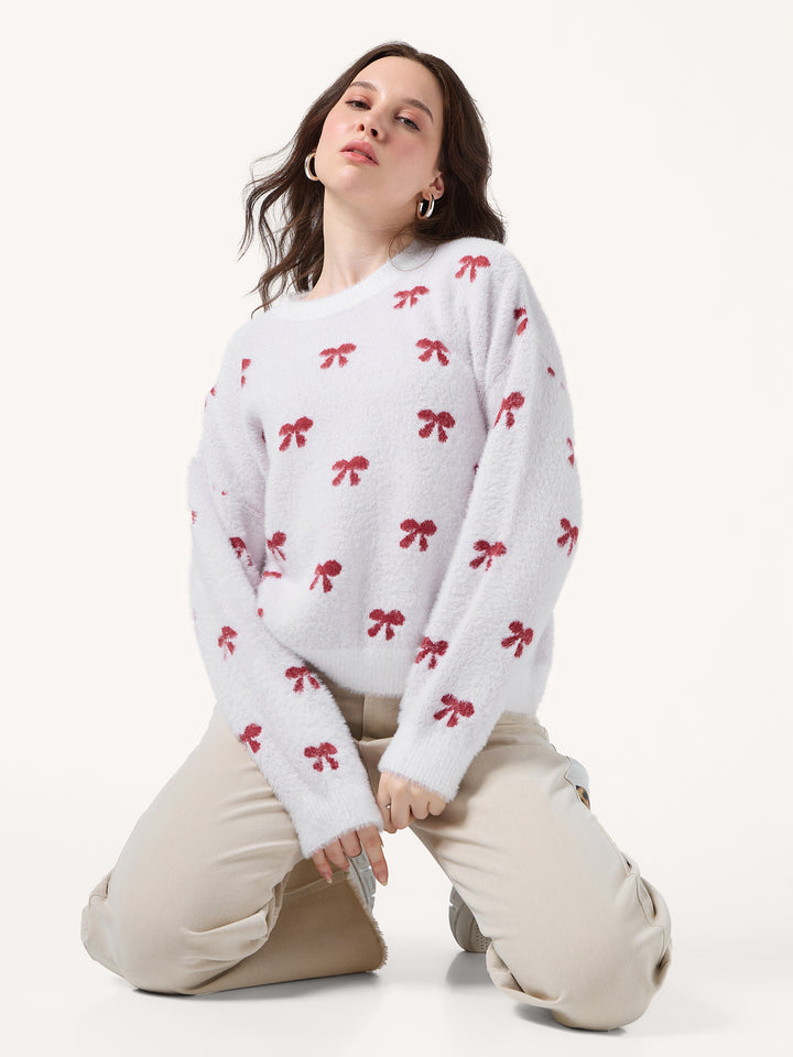 White Fuzzy Bows Cardigan