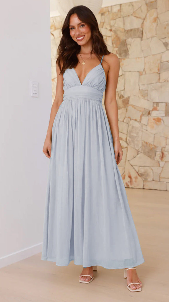 Blue Plunge Neck Flowy Maxi