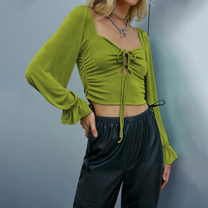 Green Full Sleeved Tie-Up Knit Top