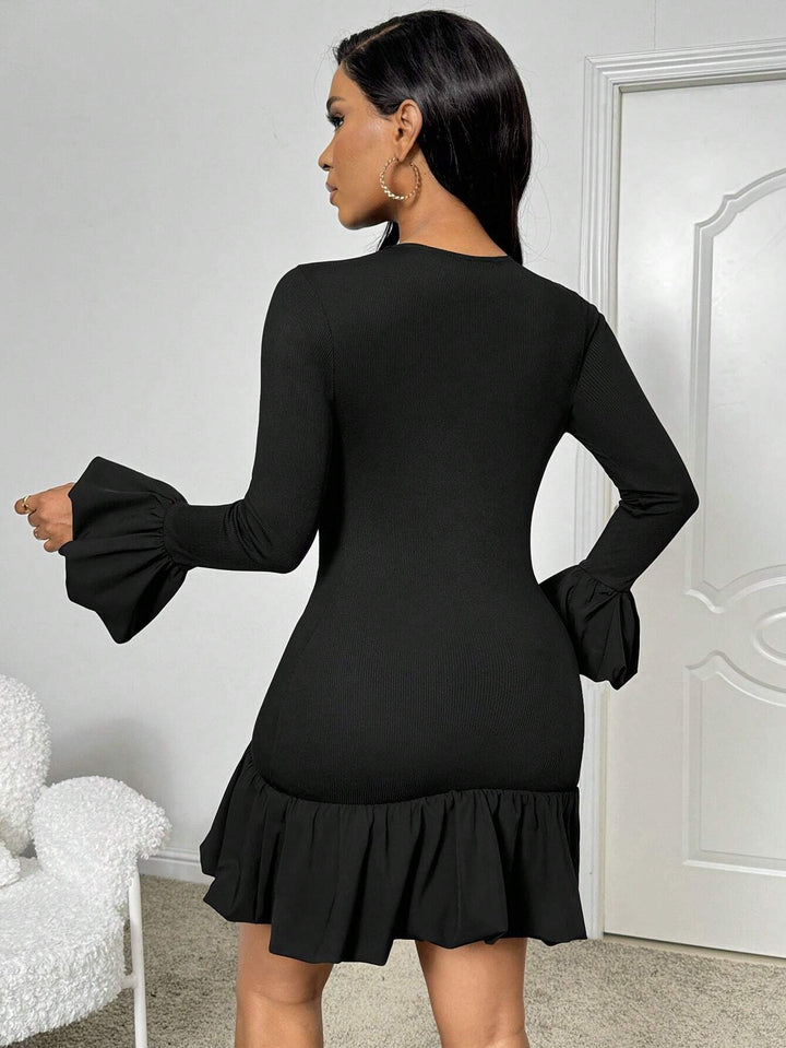 Black Full Sleeve Ruffle Hem Dress