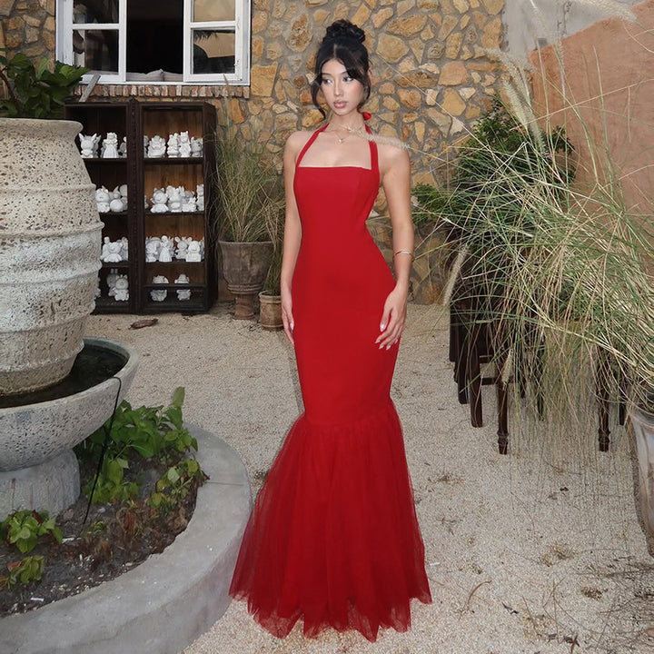 Red Halter Neck Fit And Flare Dress
