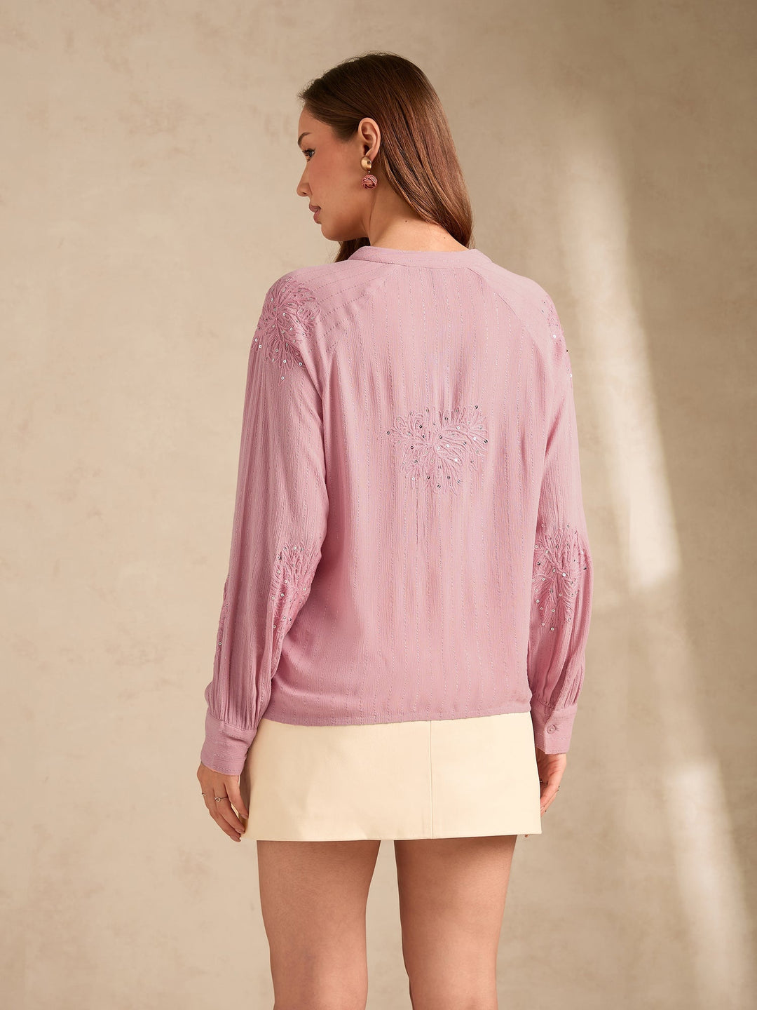 Mauve V-Neck Embroidered Long Sleeve Shirt With Embroidery