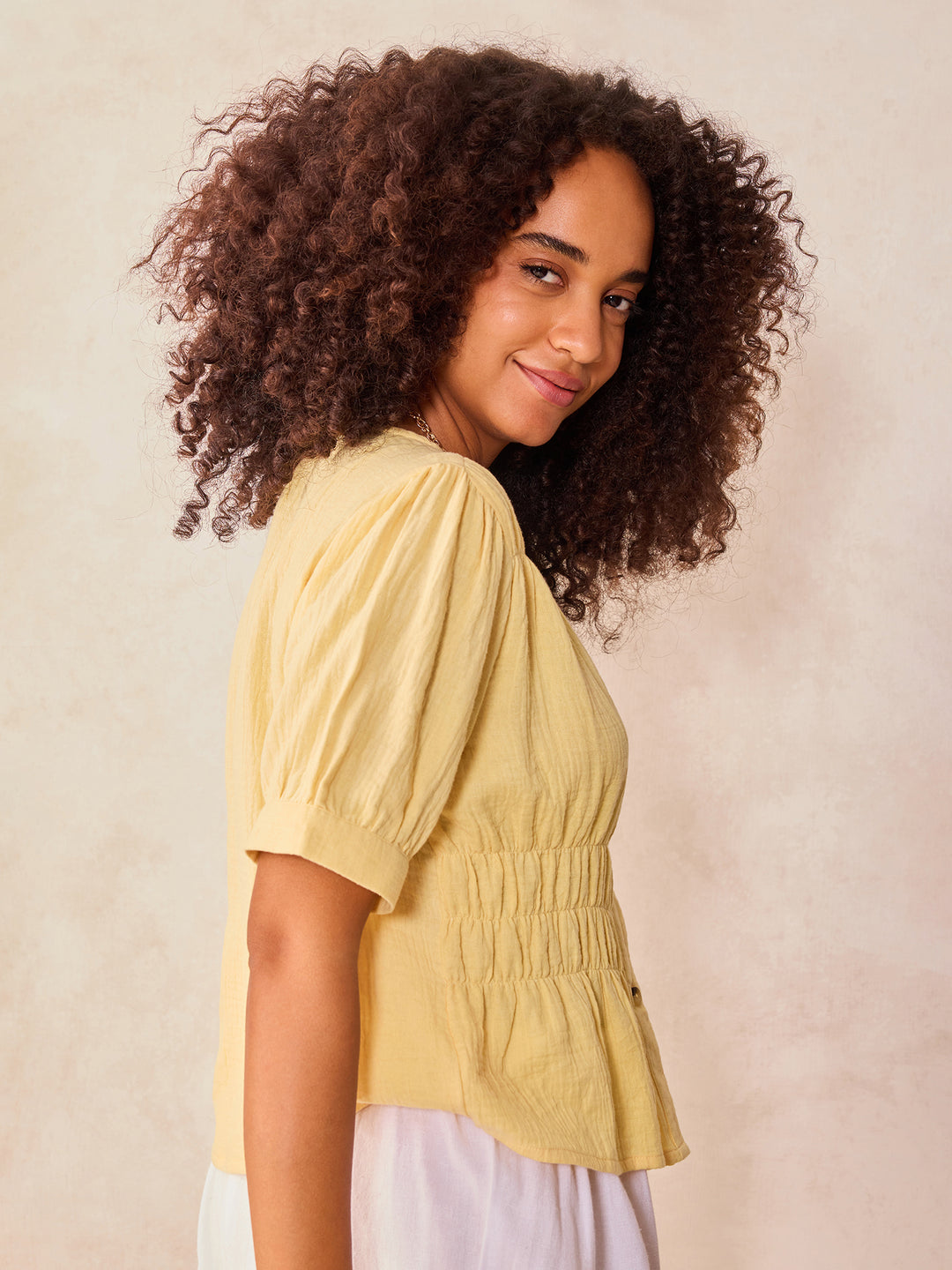 Yellow Front Buttoned Top With Waist Ruching