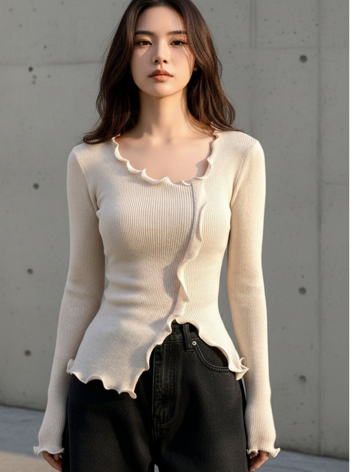 White Full Sleeve Wavy Hem Top