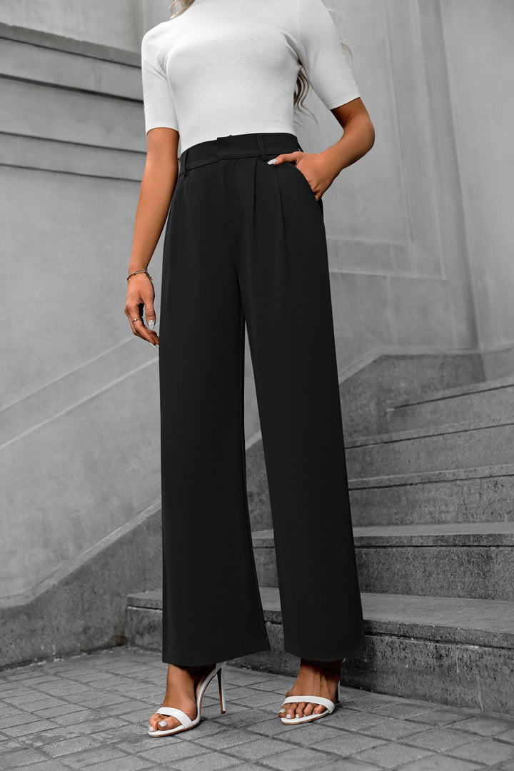 Black Waist Band Pleated Straight Fit Pants
