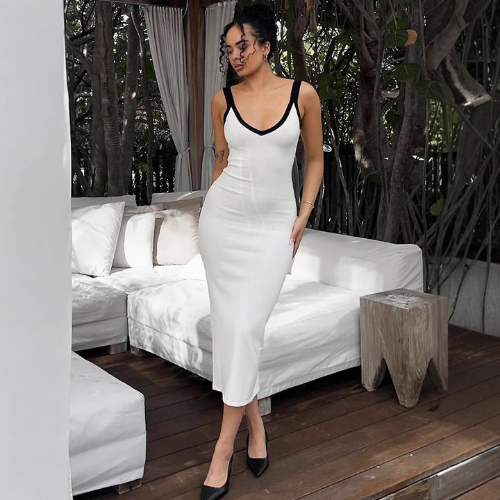 White Contrast Piping Bodycon Maxi Dress