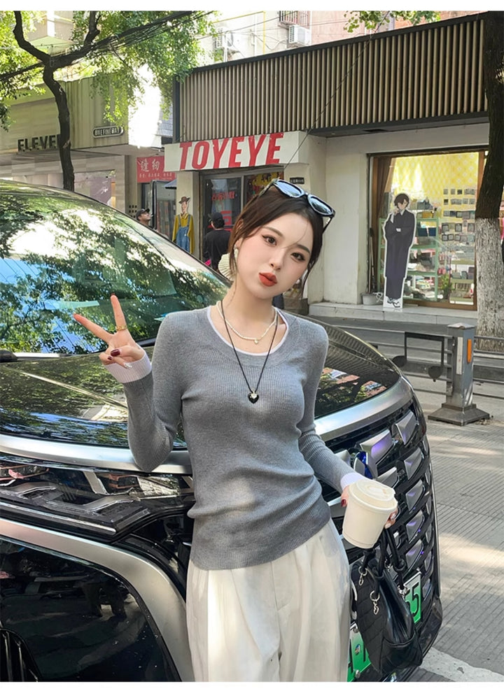 Grey Full Sleeve Contrast Hem Top