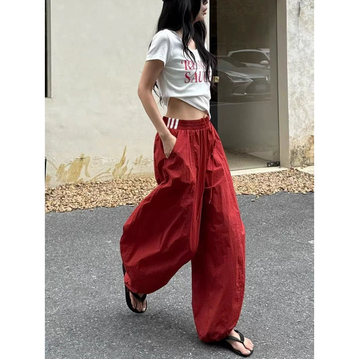 Red High Waist Belted Barrel Pant