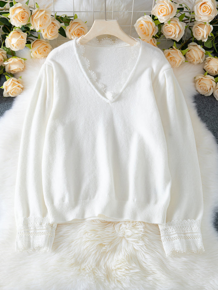 White Full Sleeves Scallop Neckline Sweaters