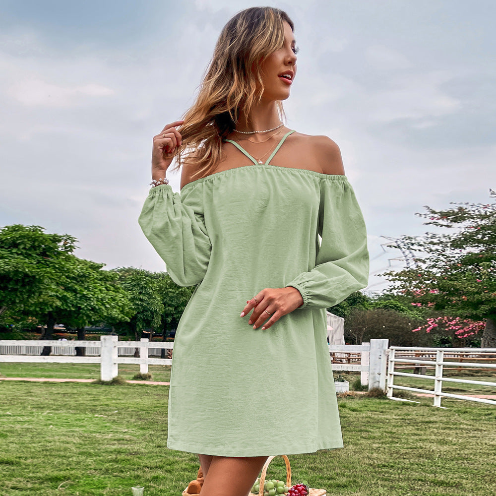 Green Cold Shoulder Bishop Sleeve Dress