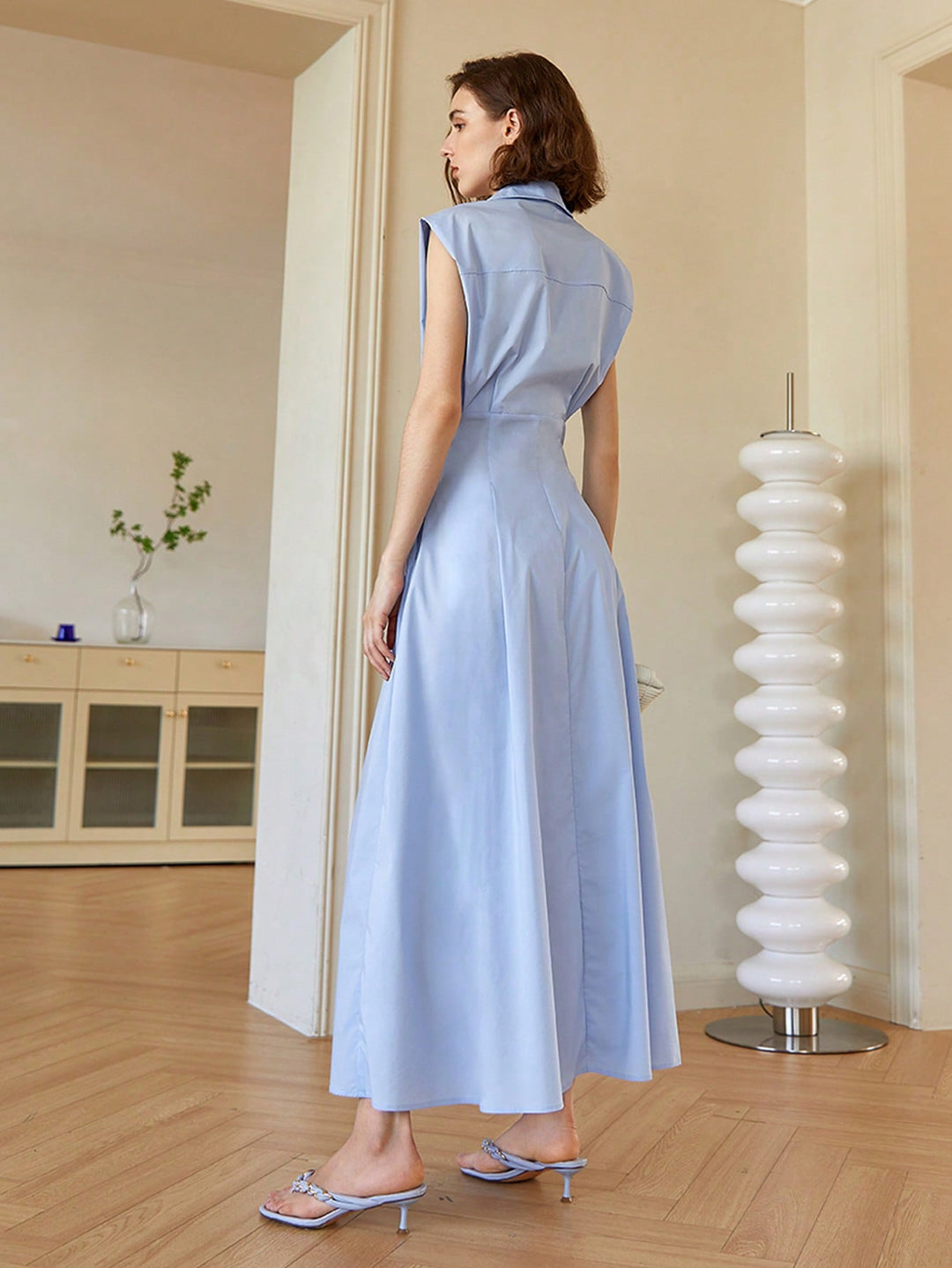 Blue Front Button Shirt Style Sleeveless Dress