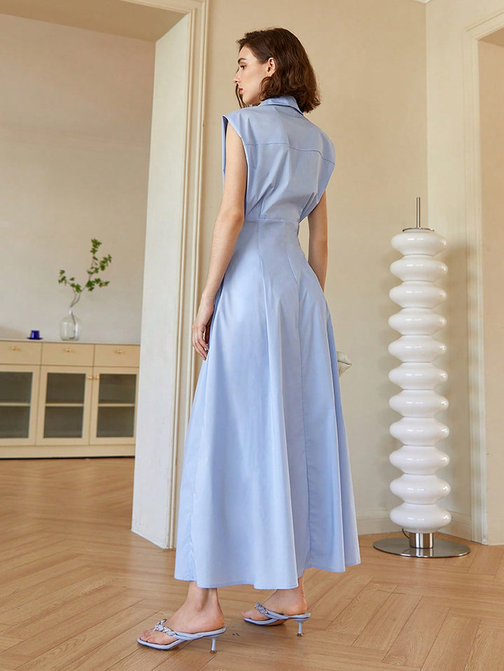 Blue Front Button Shirt Style Sleeveless Dress