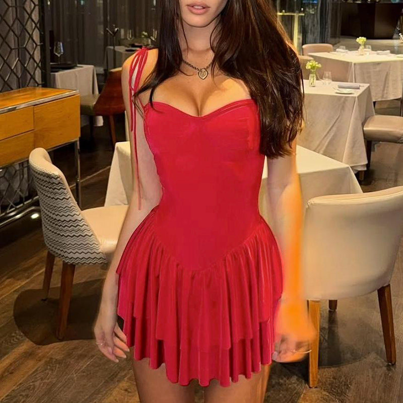 Red Fit And Flare Low Waist Mini Dress With Ruffles
