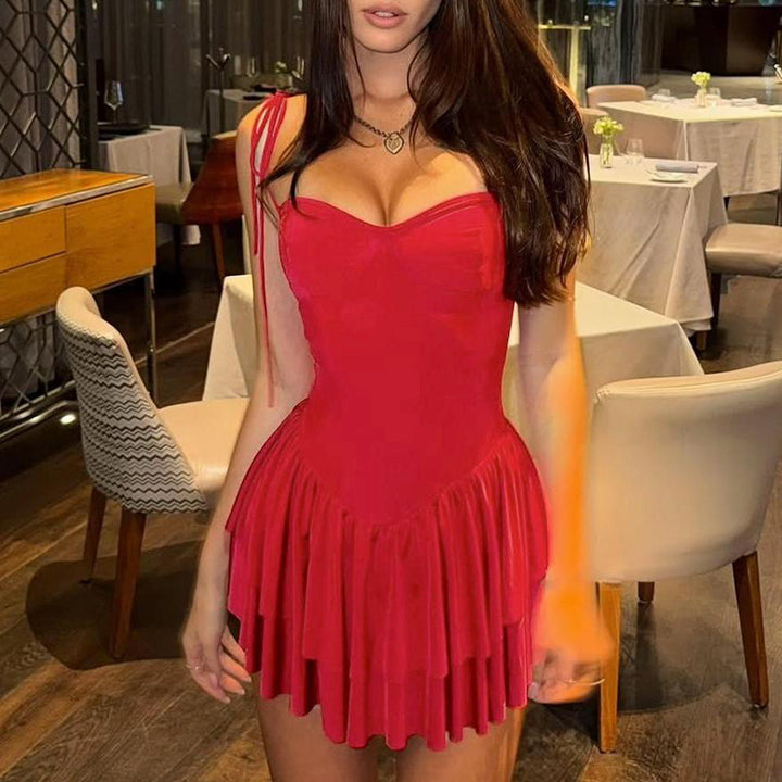 Red Fit And Flare Low Waist Mini Dress With Ruffles