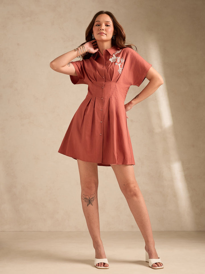 Rust Dolman Fit Printed Shirt Dress With Belt Detail