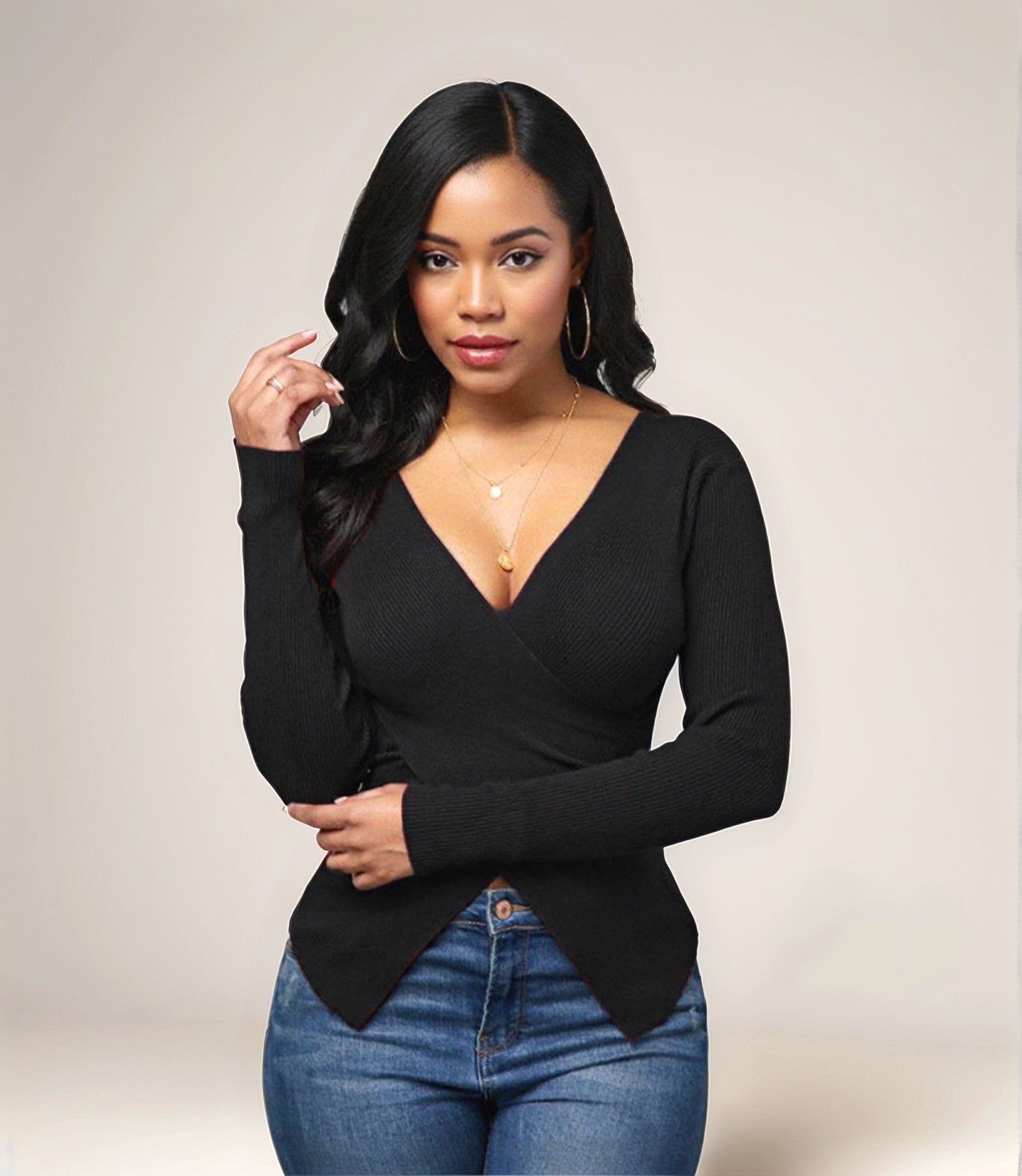 Black Asymmetric V Neck Top