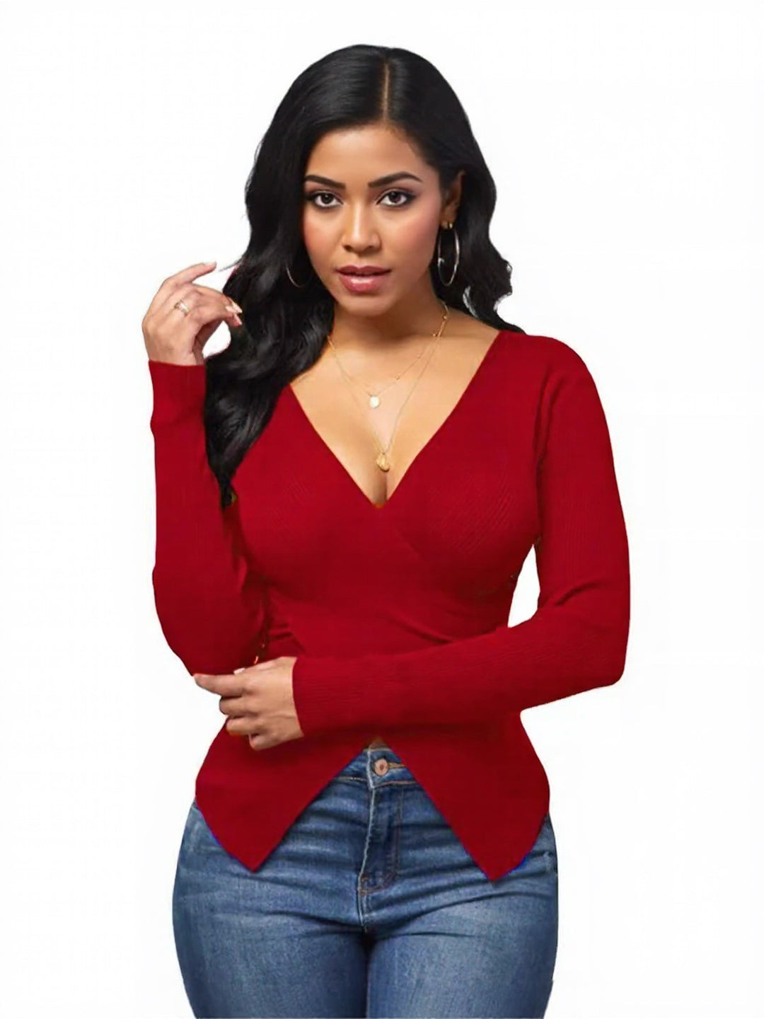 Red Asymmetric V Neck Top