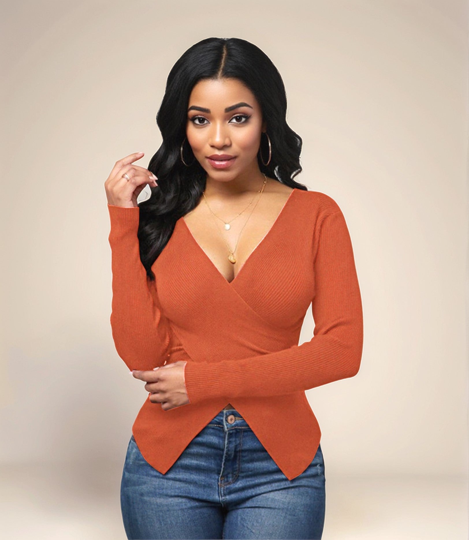 Orange Asymmetric V Neck Top