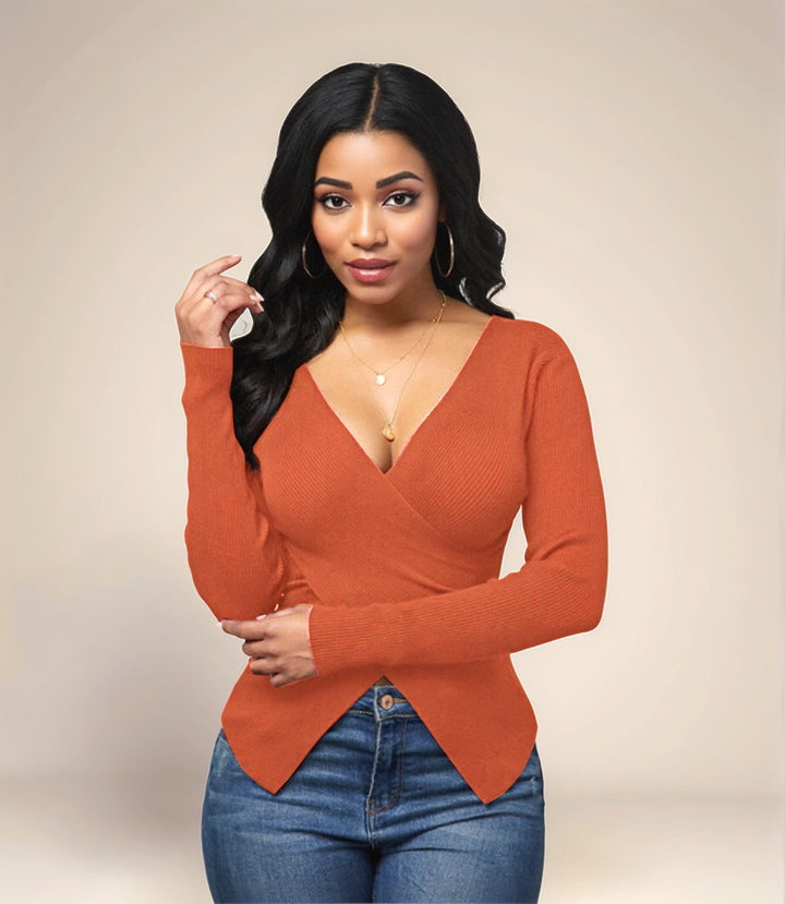 Orange Asymmetric V Neck Top