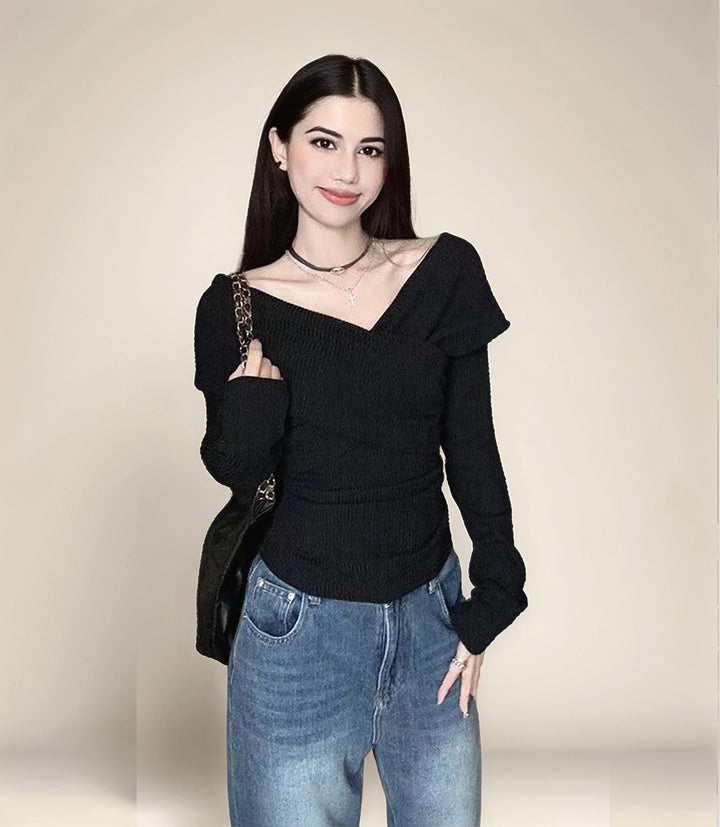 Black Off-Shoulder Ribbed Knit Top