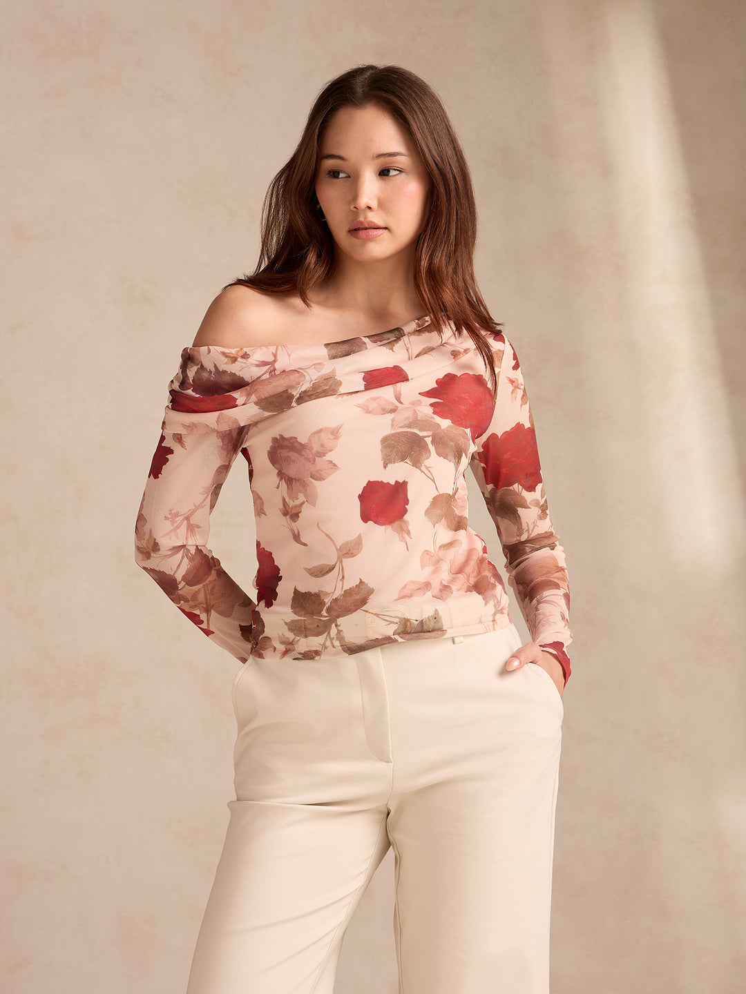 Beige Off-Shoulder Floral Mesh Top